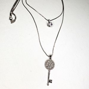New Silvertone Double Chain Key Crystal Necklace